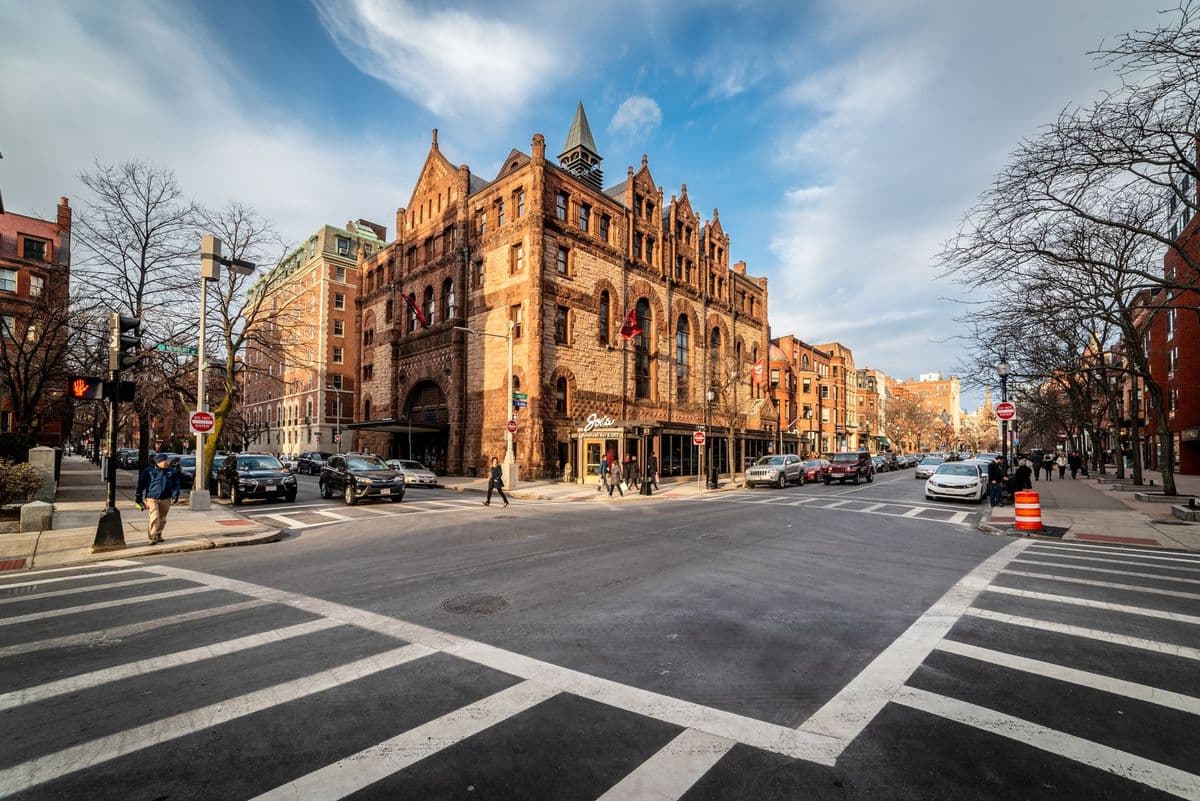 View of a historic building on a busy street in Boston, Massachusetts, USA.